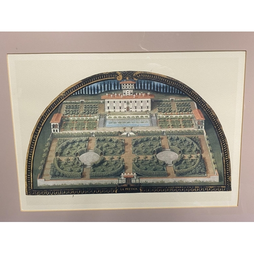 61 - Set of 3 framed and glazed coloured prints of formal Italian gardens, see images for names good cond... 