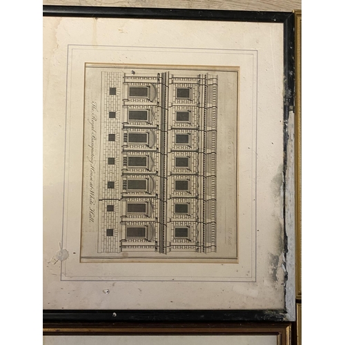 62 - 9 various architectural prints, including set of 3 vintage prints of tennis courts of London , colou... 