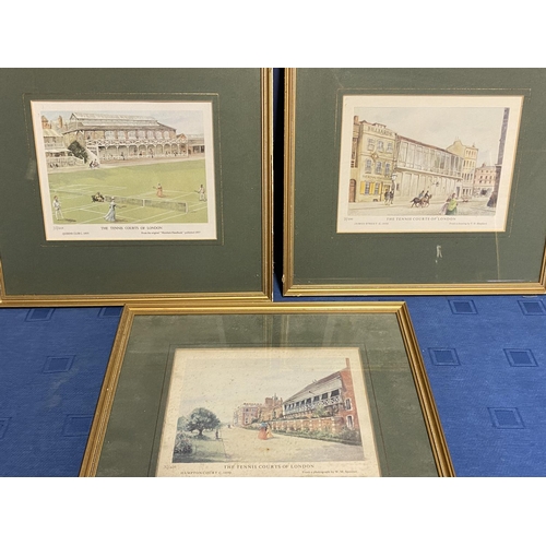 62 - 9 various architectural prints, including set of 3 vintage prints of tennis courts of London , colou... 