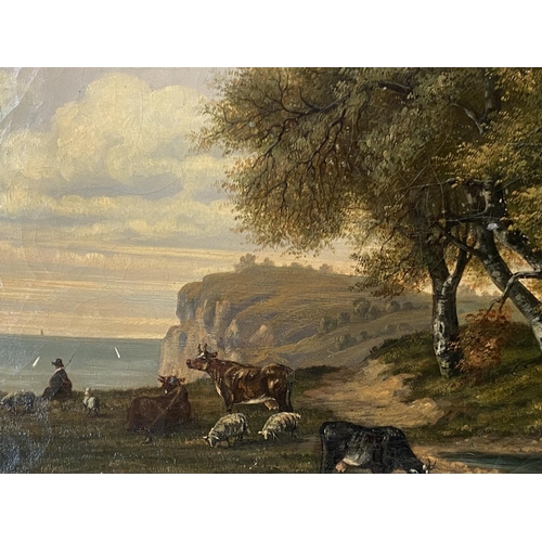 69 - C19th French oil on canvas country scene with cottage, cattle and a figure in the foreground with oc... 