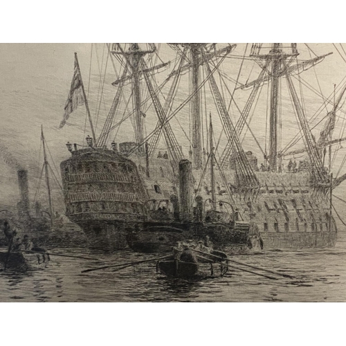 7 - William Wylie, (1851-1931-), etching, Man of War with tugs in harbour, signed in pencil lower left o... 