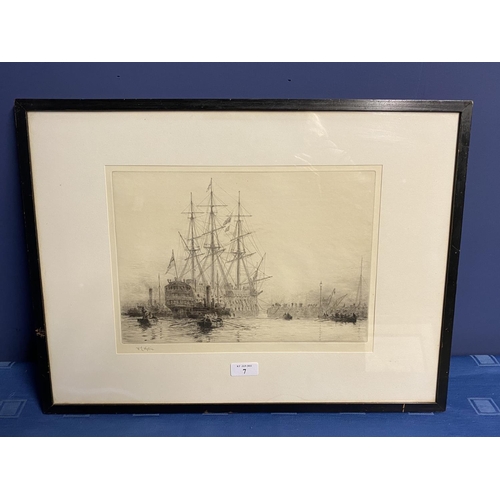 7 - William Wylie, (1851-1931-), etching, Man of War with tugs in harbour, signed in pencil lower left o... 