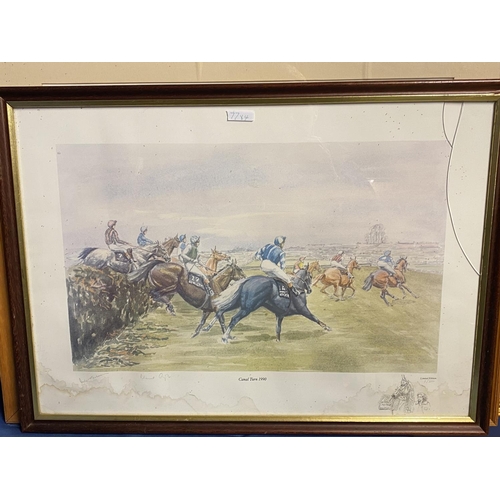 77 - Two coloured sporting prints (faded and watermarked and 1 glass broken), a watercolour of flying swa... 