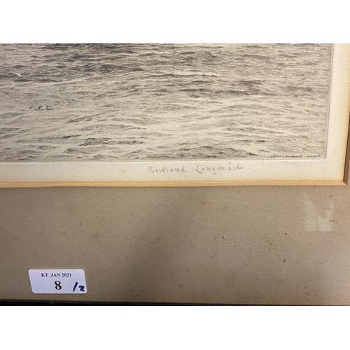 8 - Black and White etching on Paper, Sailing ship fully rigged at sea, 17 x 30cm , signed and titled in... 