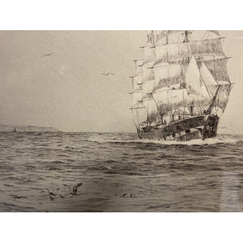 8 - Black and White etching on Paper, Sailing ship fully rigged at sea, 17 x 30cm , signed and titled in... 