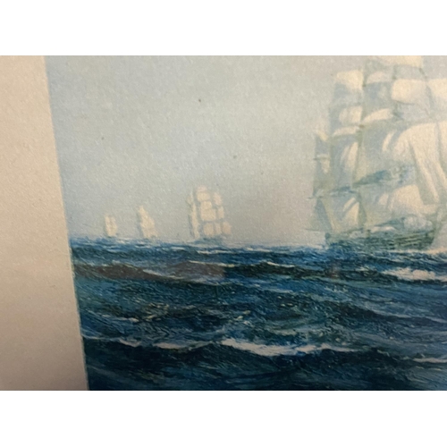 8 - Black and White etching on Paper, Sailing ship fully rigged at sea, 17 x 30cm , signed and titled in... 