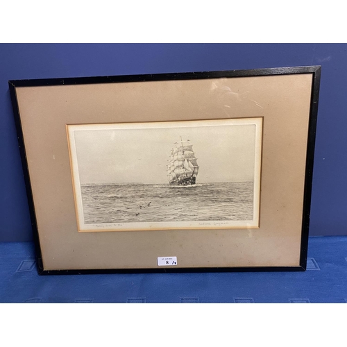 8 - Black and White etching on Paper, Sailing ship fully rigged at sea, 17 x 30cm , signed and titled in... 