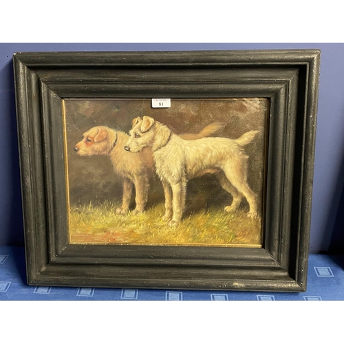 81 - Ebonised  framed oil painting study of two terrier dogs, 28.5 x 39cm