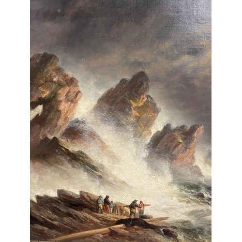 9 - C19th oil on canvas, figures on rocks within a stormy sea, 50 x 60cm