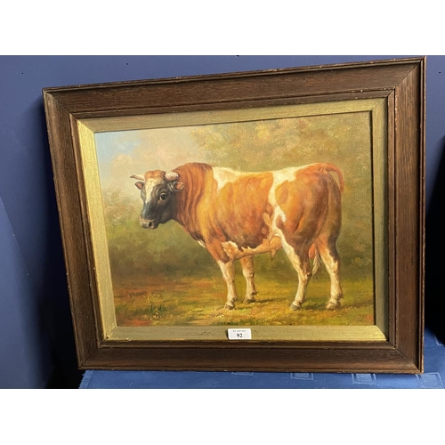 92 - Oak framed oil painting study  of a Bull in a country landscape 30.5 x 40cm