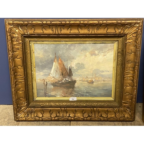 96 - Decorative gilt framed oil painting of a tranquil Italian coastal scene with sailboats, 26 x 37cm