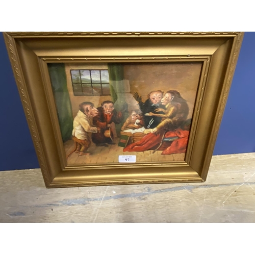 97 - Oil on board, a Humerous satirical scene with monkeys dressed in costumes, gilt frame, 19 x 24cm