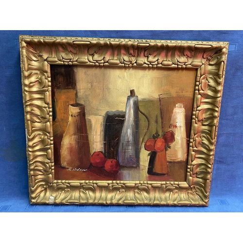 98 - A framed oil painting still life of studio pottery of fruit, 41 x 49cm