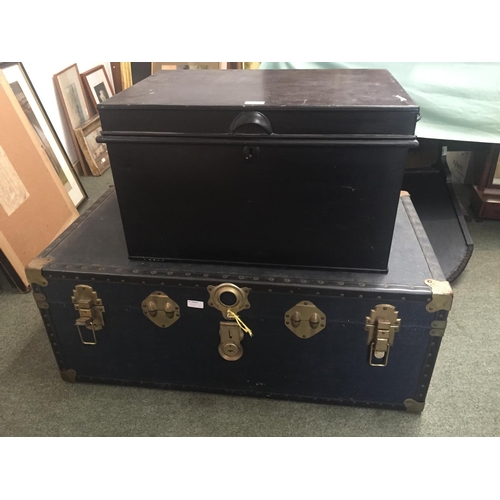 273 - Traditional school trunk, a tin trunk / tuck box with key 55cmLong, and a wooden box with lid worn c... 