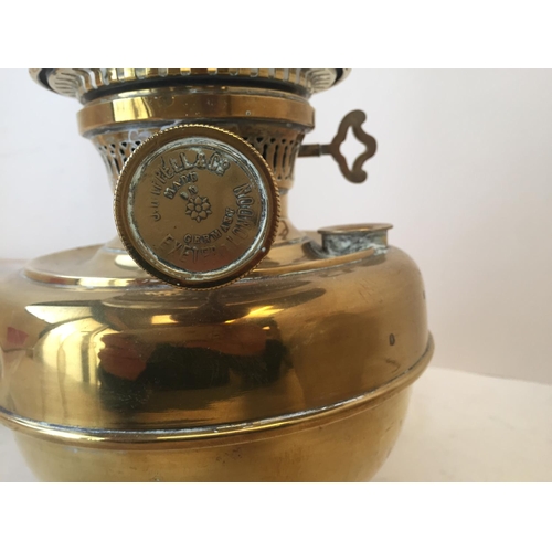 278 - Gold coloured rimmed glass open bowl 38cm D, a brass oil lamp with etched glass and funnel, 2 other ... 