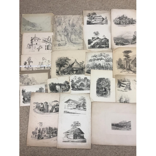 127 - Large quantity of C19th country scene pencil studies and prints, one with cattle