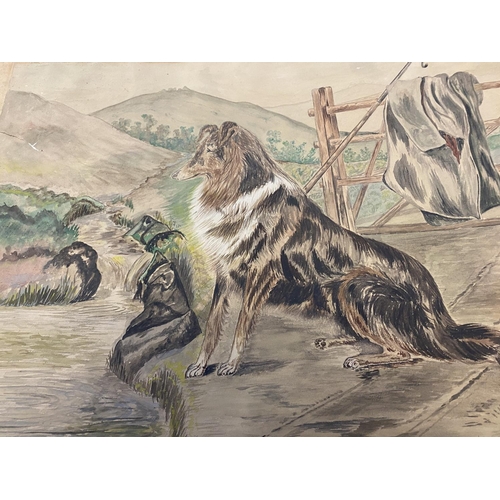 126 - W F Crocker 1926 watercolour study of collie dogs, and a pastel study of farmer with cattle, signed,... 