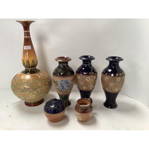 552 - Doulton & Slaters patent onion shaped stoneware vase c1890 green, gold and sepia colourway  43 cmH i... 