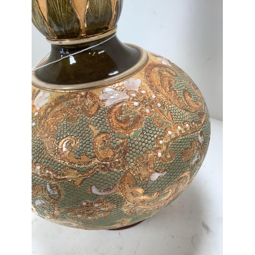 552 - Doulton & Slaters patent onion shaped stoneware vase c1890 green, gold and sepia colourway  43 cmH i... 