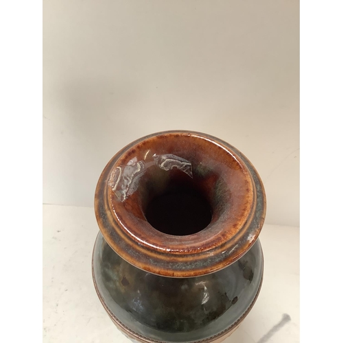 552 - Doulton & Slaters patent onion shaped stoneware vase c1890 green, gold and sepia colourway  43 cmH i... 