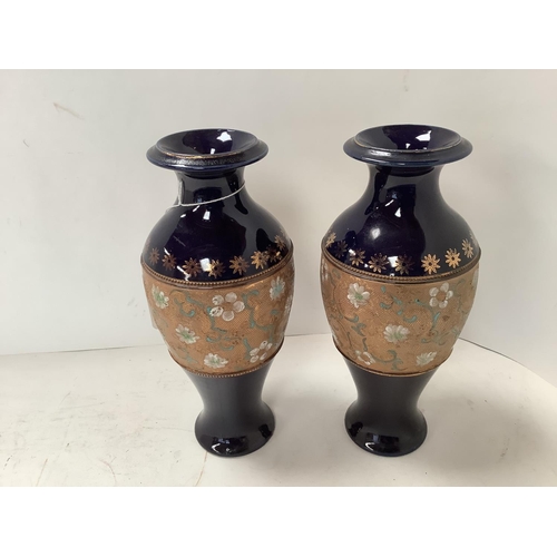 552 - Doulton & Slaters patent onion shaped stoneware vase c1890 green, gold and sepia colourway  43 cmH i... 