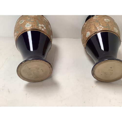 552 - Doulton & Slaters patent onion shaped stoneware vase c1890 green, gold and sepia colourway  43 cmH i... 