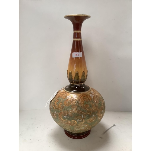 552 - Doulton & Slaters patent onion shaped stoneware vase c1890 green, gold and sepia colourway  43 cmH i... 