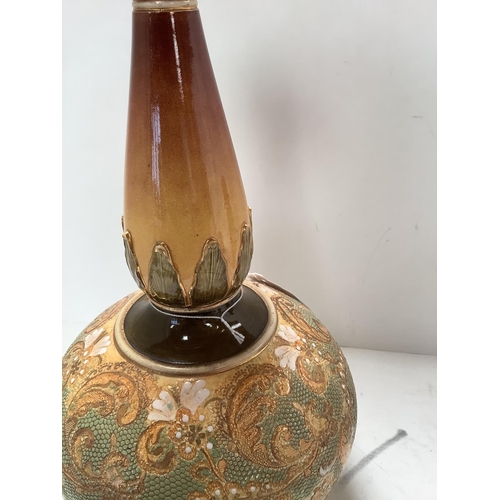 552 - Doulton & Slaters patent onion shaped stoneware vase c1890 green, gold and sepia colourway  43 cmH i... 