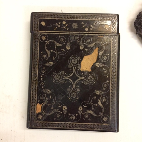 410 - Early C19th black lacquered and inlaid card case with red velvet lining (some losses and wear) and a... 