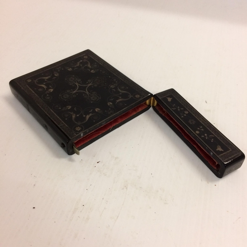 410 - Early C19th black lacquered and inlaid card case with red velvet lining (some losses and wear) and a... 