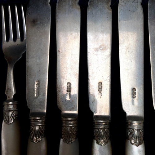 108 - A good cased set of Sterling silver fish knives and forks and servers, with mother of pearl handles,... 