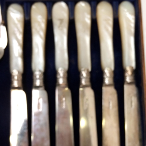 108 - A good cased set of Sterling silver fish knives and forks and servers, with mother of pearl handles,... 