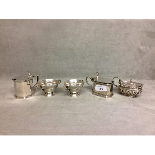 113 - Collection of Sterling silver salts and lidded mustard pots, to include a pair of circular salts rai... 