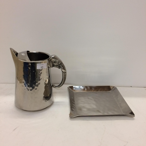 12 - Oriental silver plated planished jug and tray with applied elephant handles