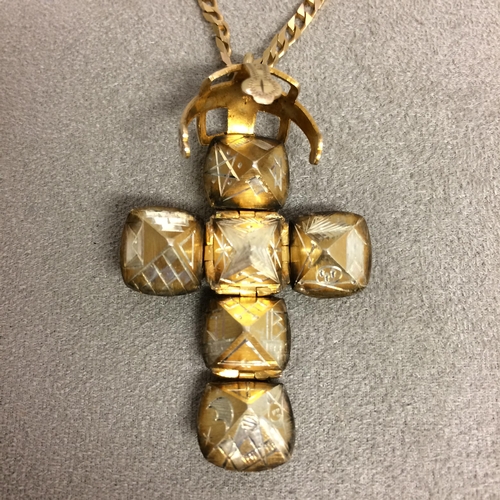 121 - Unmarked yellow metal masonic ball pendent, on a 9ct flat link necklace, 19.5g