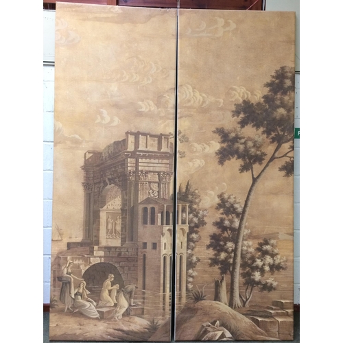 131 - A pair of decorative hand painted panels featuring an Italianate scene, paper mounted to stretched c... 