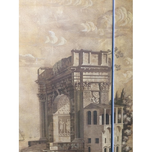 131 - A pair of decorative hand painted panels featuring an Italianate scene, paper mounted to stretched c... 