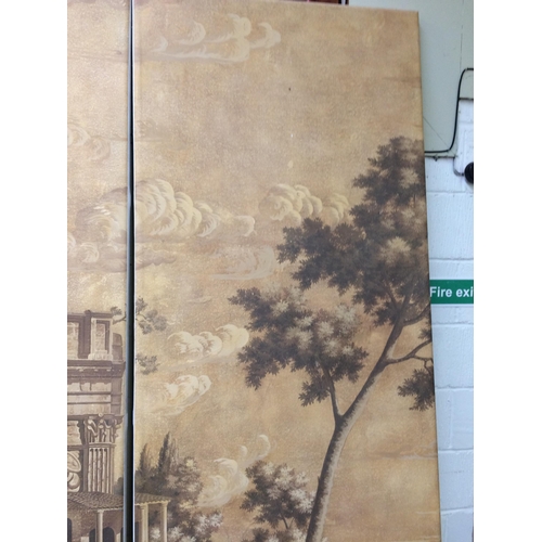 131 - A pair of decorative hand painted panels featuring an Italianate scene, paper mounted to stretched c... 