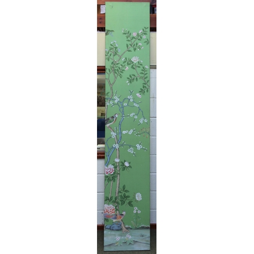 132 - A decorative hand painted panel of Chinese flora and fauna, ex de Gournay display on a green silk gr... 