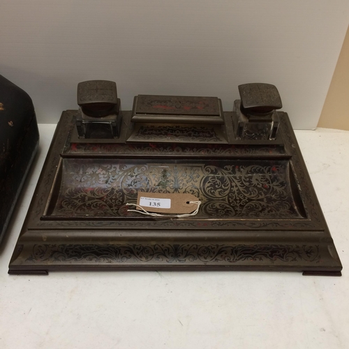 135 - A late C19th/early C20th tortoiseshell and boulle work desk tidy of rectangular form with 2 square i... 