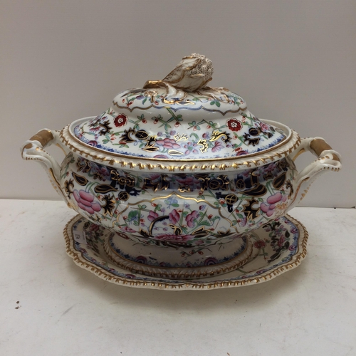 136 - A large china lidded tureen and plate (some wear)