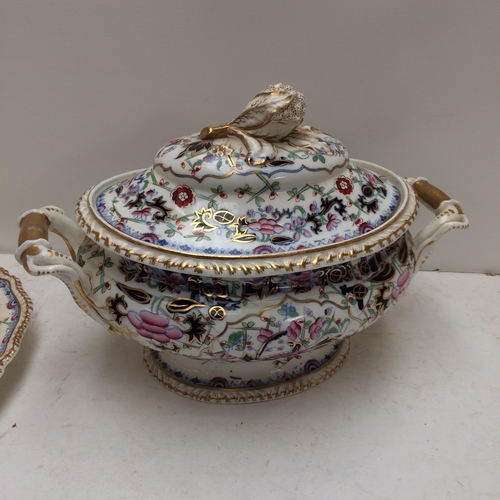 136 - A large china lidded tureen and plate (some wear)