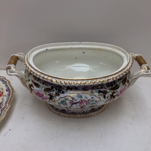 136 - A large china lidded tureen and plate (some wear)