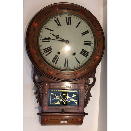 151 - Victorian mahogany inlaid drop head wall clock , with a chain movement, 70cm H x 42cm W