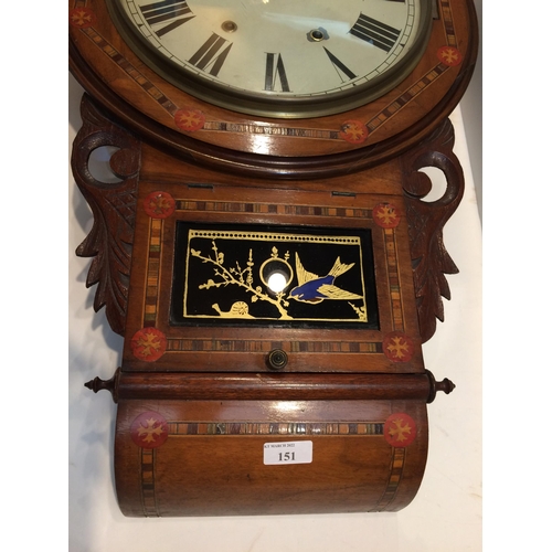 151 - Victorian mahogany inlaid drop head wall clock , with a chain movement, 70cm H x 42cm W