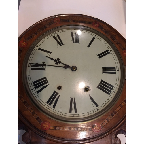 151 - Victorian mahogany inlaid drop head wall clock , with a chain movement, 70cm H x 42cm W