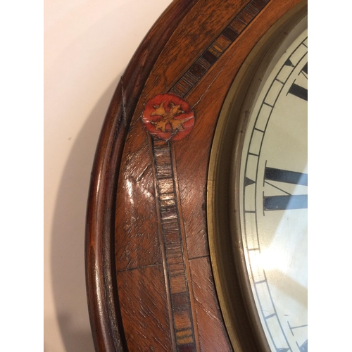 151 - Victorian mahogany inlaid drop head wall clock , with a chain movement, 70cm H x 42cm W