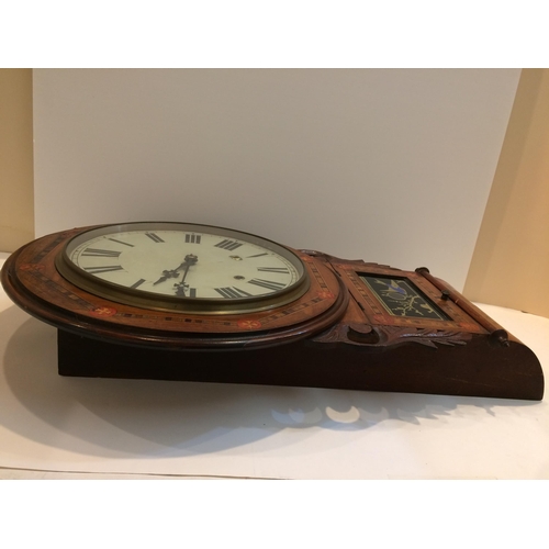 151 - Victorian mahogany inlaid drop head wall clock , with a chain movement, 70cm H x 42cm W