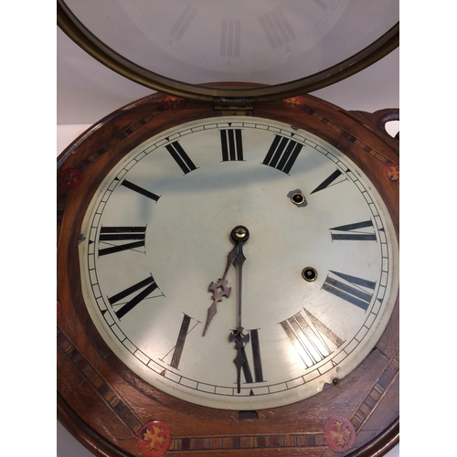 151 - Victorian mahogany inlaid drop head wall clock , with a chain movement, 70cm H x 42cm W