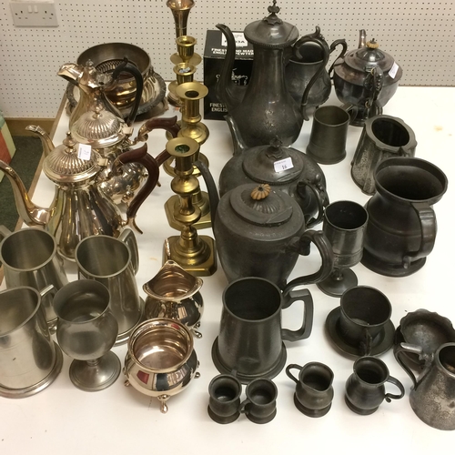 16 - Sterling silver trumpet vase and a large collection of silver plated and pewter ware, 2 pairs of bra... 